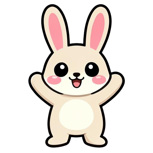 Bea the bunny, a sweet cartoon bunny with long ears and a fluffy cream belly