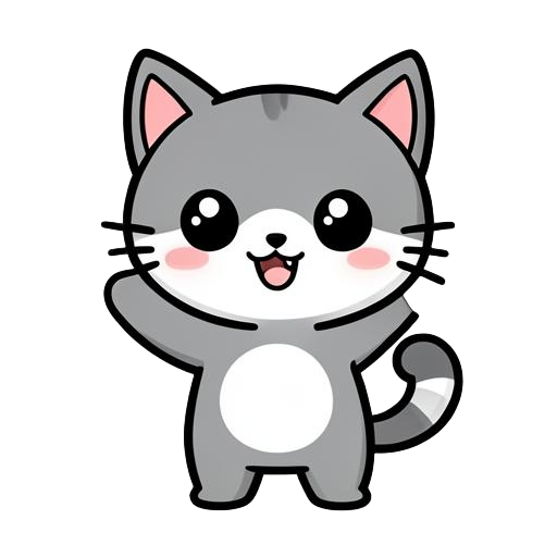 Mika the cat, a playful cartoon cat with whiskers and a curled tail