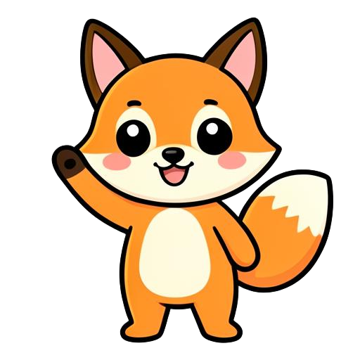 Finn the fox, a cheerful cartoon fox with orange fur, pointy ears, and a fluffy tail