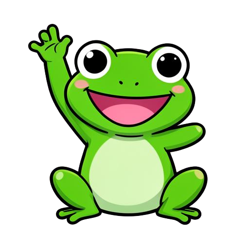 Pip the frog, a bright green cartoon frog with big eyes and a wide happy smile