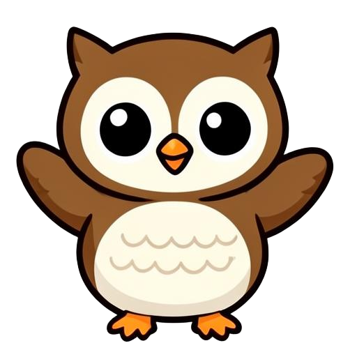 Thinksy the owl, a cute cartoon owl with big round eyes and soft brown feathers